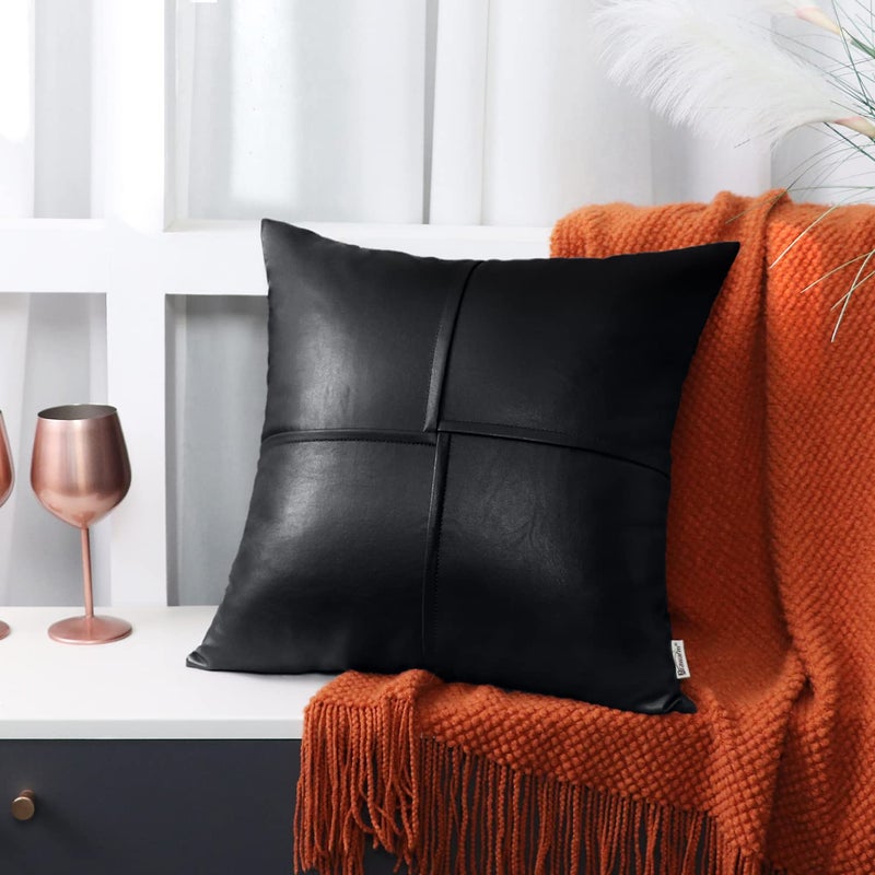 BRAWARM Faux Leather Throw Pillow Covers 18 X 18 Inches, Black Leather Pillow Covers Pack of 2, Hand Stitched Leather Decorative Throw Pillows for Couch Sofa Bed Living Room Home Garden - Image 4
